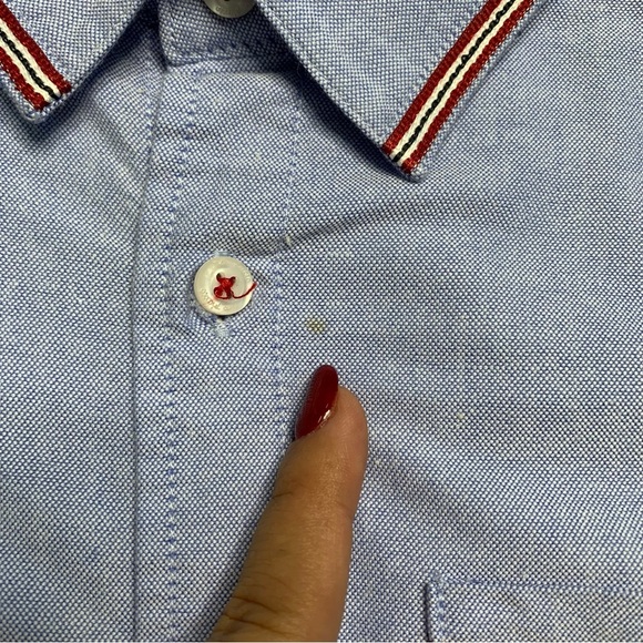 Tutto Piccolo Boy's Light Blue Red Button Down Shirt With Patches Size 12 - Picture 4 of 11